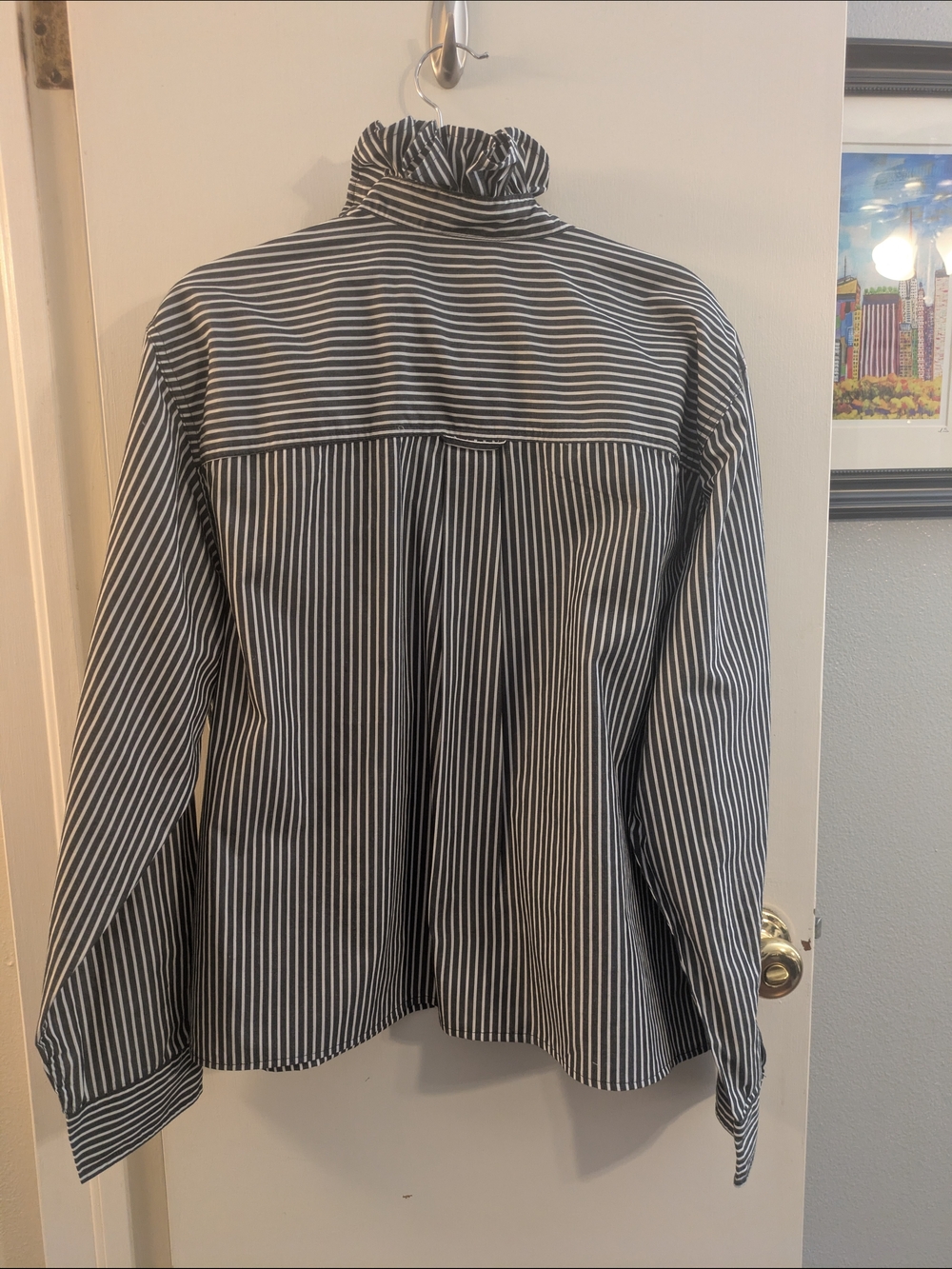Upcycled Mens Chaps Black and White Striped Button-Up Shirt with Blue Trim - Picture 3 of 5